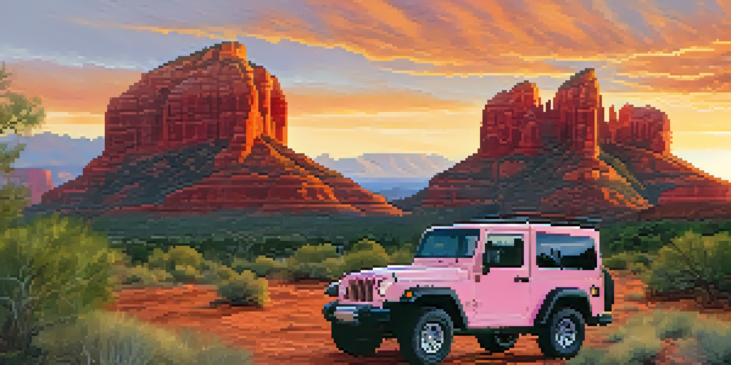 A stunning sunset view of Sedona's red rock formations with an off-road vehicle parked on a rocky trail, featuring Bell Rock in the background.