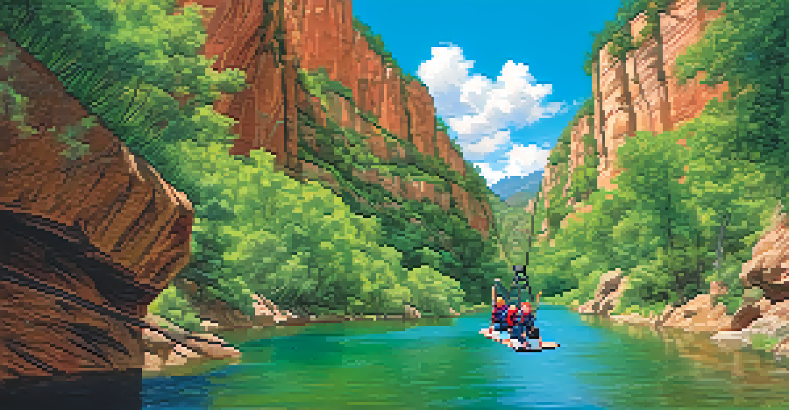 Kids zip-lining through a green canyon with bright blue sky and laughter.