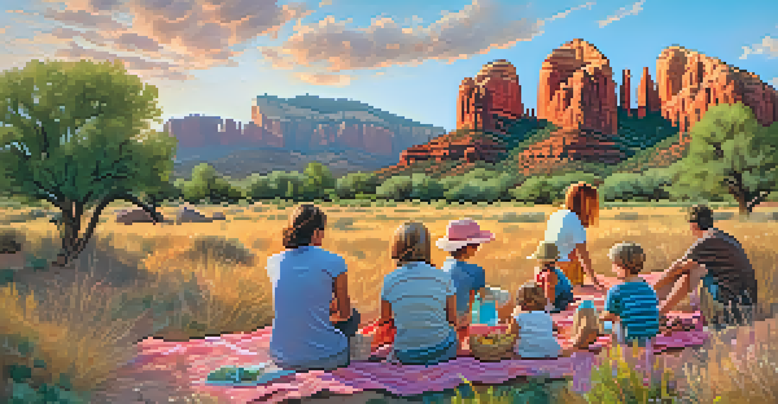 Families enjoying a picnic at Cathedral Rock during a colorful sunset.