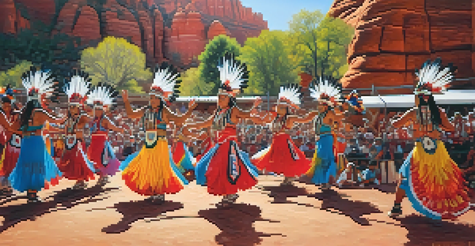 A colorful scene of traditional Native American dancers performing at a festival, set against red rock formations in Sedona, Arizona, with warm sunlight illuminating the dancers.