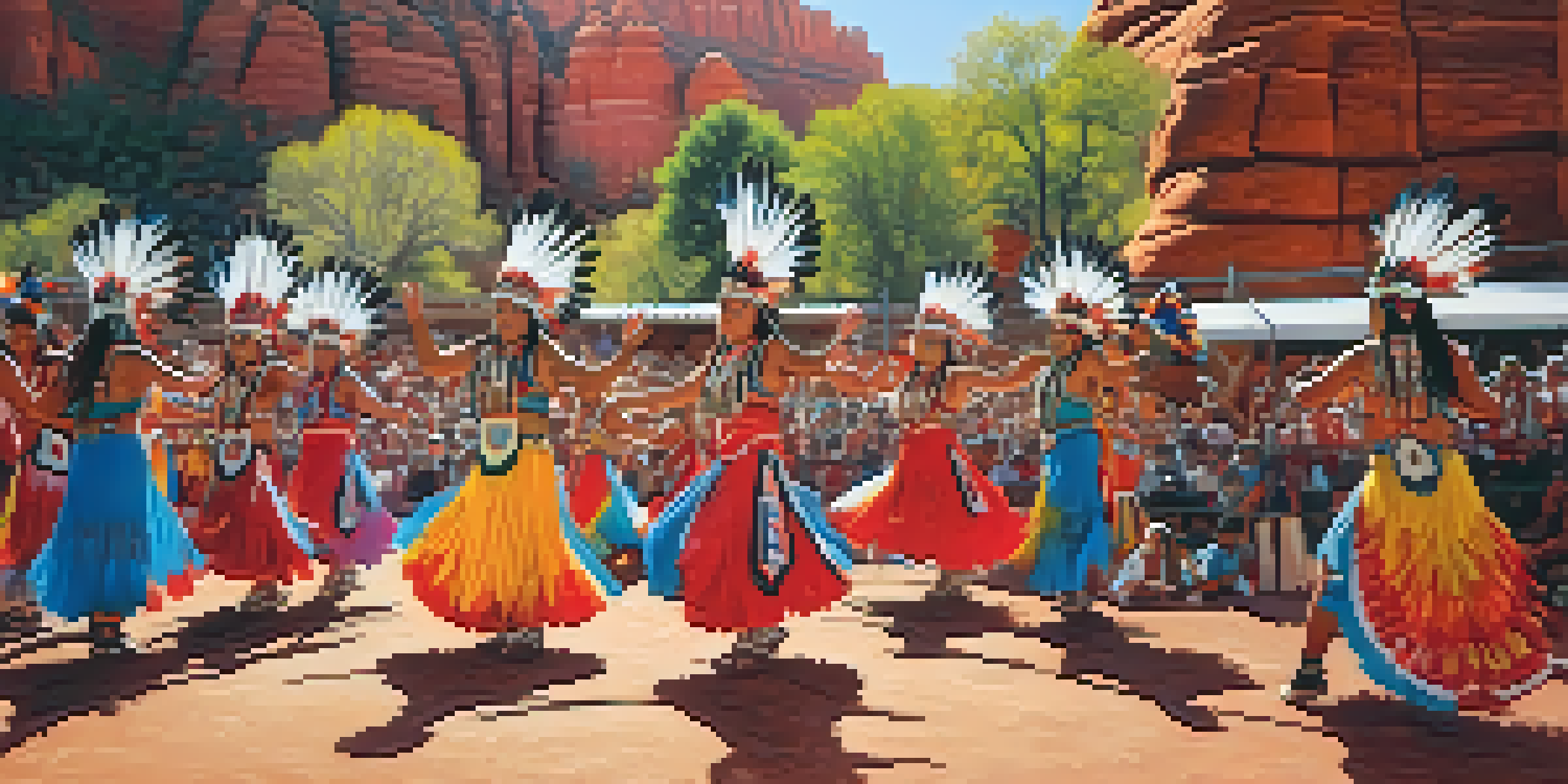 A colorful scene of traditional Native American dancers performing at a festival, set against red rock formations in Sedona, Arizona, with warm sunlight illuminating the dancers.