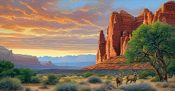 A beautiful sunrise illuminating red sandstone formations in Red Rock State Park, with lush greenery and deer in the foreground.