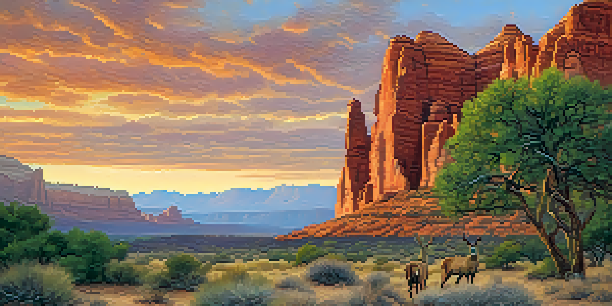 A beautiful sunrise illuminating red sandstone formations in Red Rock State Park, with lush greenery and deer in the foreground.
