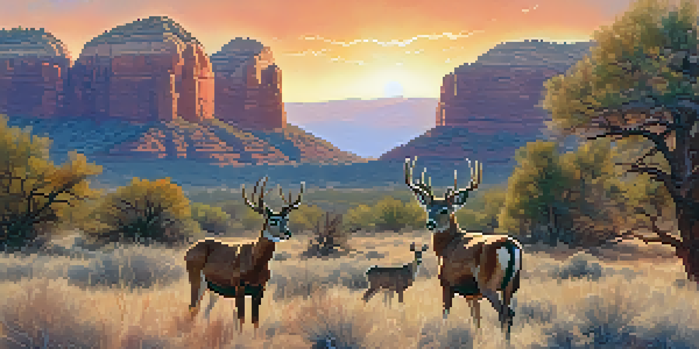 A scenic sunrise over Sedona's red rock formations with mule deer grazing and a red-tailed hawk soaring in the sky.