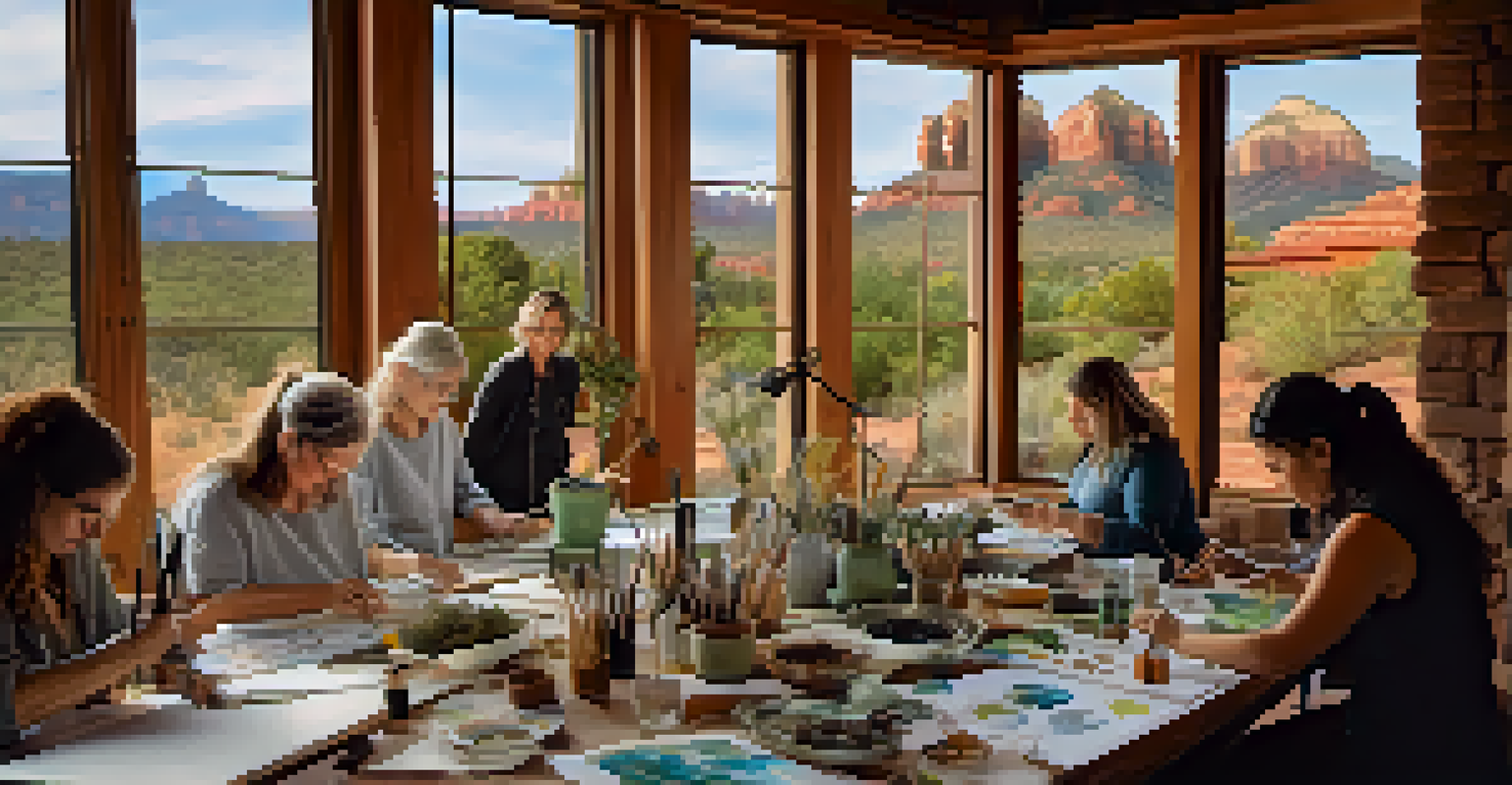 Participants in a cozy art workshop making collages with natural materials, surrounded by Sedona's beautiful scenery.