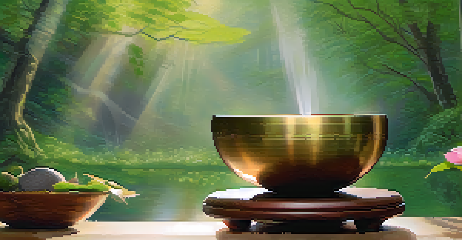 A close-up of a singing bowl with sound waves, set against a blurred nature background.
