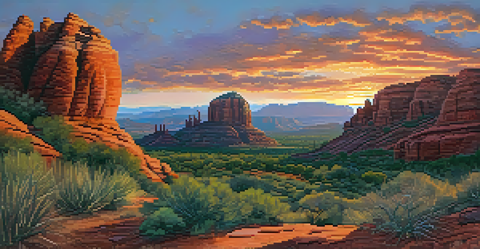 Wide shot of Sedona landscape at sunset, showcasing red rocks and petroglyphs in the foreground.