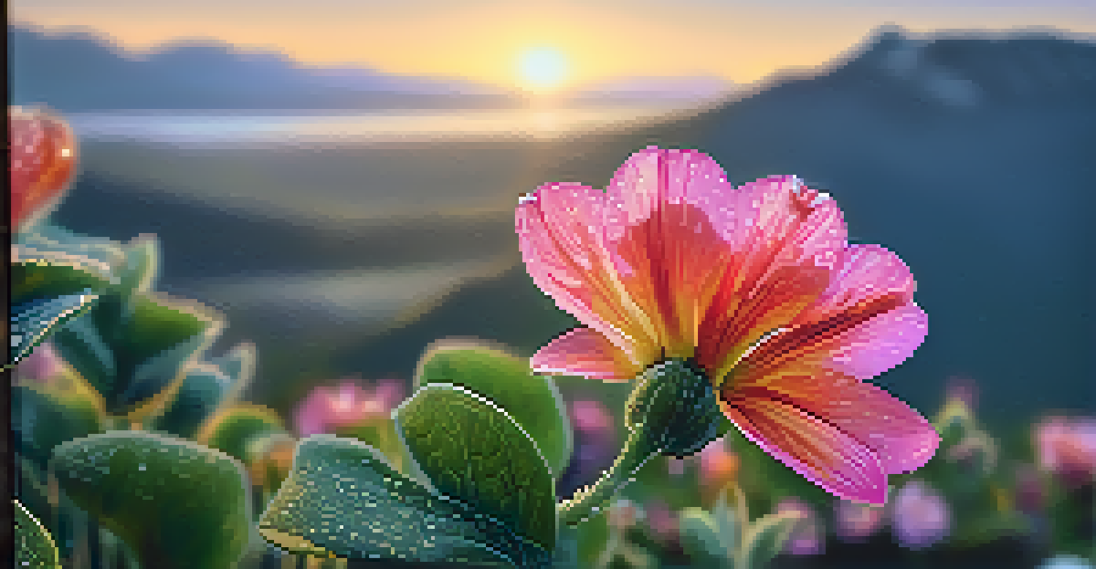 A close-up of a dew-covered flower in the foreground with blurred mountains in the background, illuminated by soft morning light.