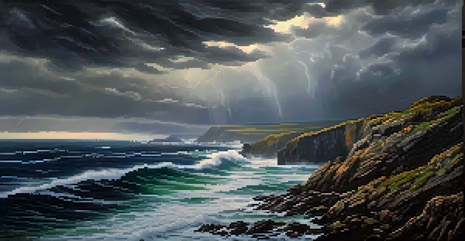 Rugged cliffs along a stormy coastline, with ocean waves crashing against the rocks and lightning illuminating the scene.
