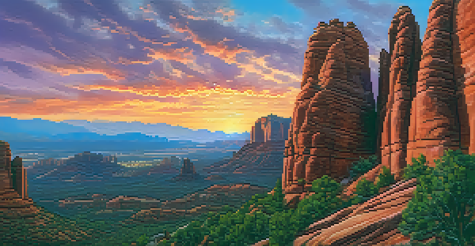 A sunset view from Cathedral Rock with orange, pink, and purple skies and silhouettes of climbers against red rock formations.