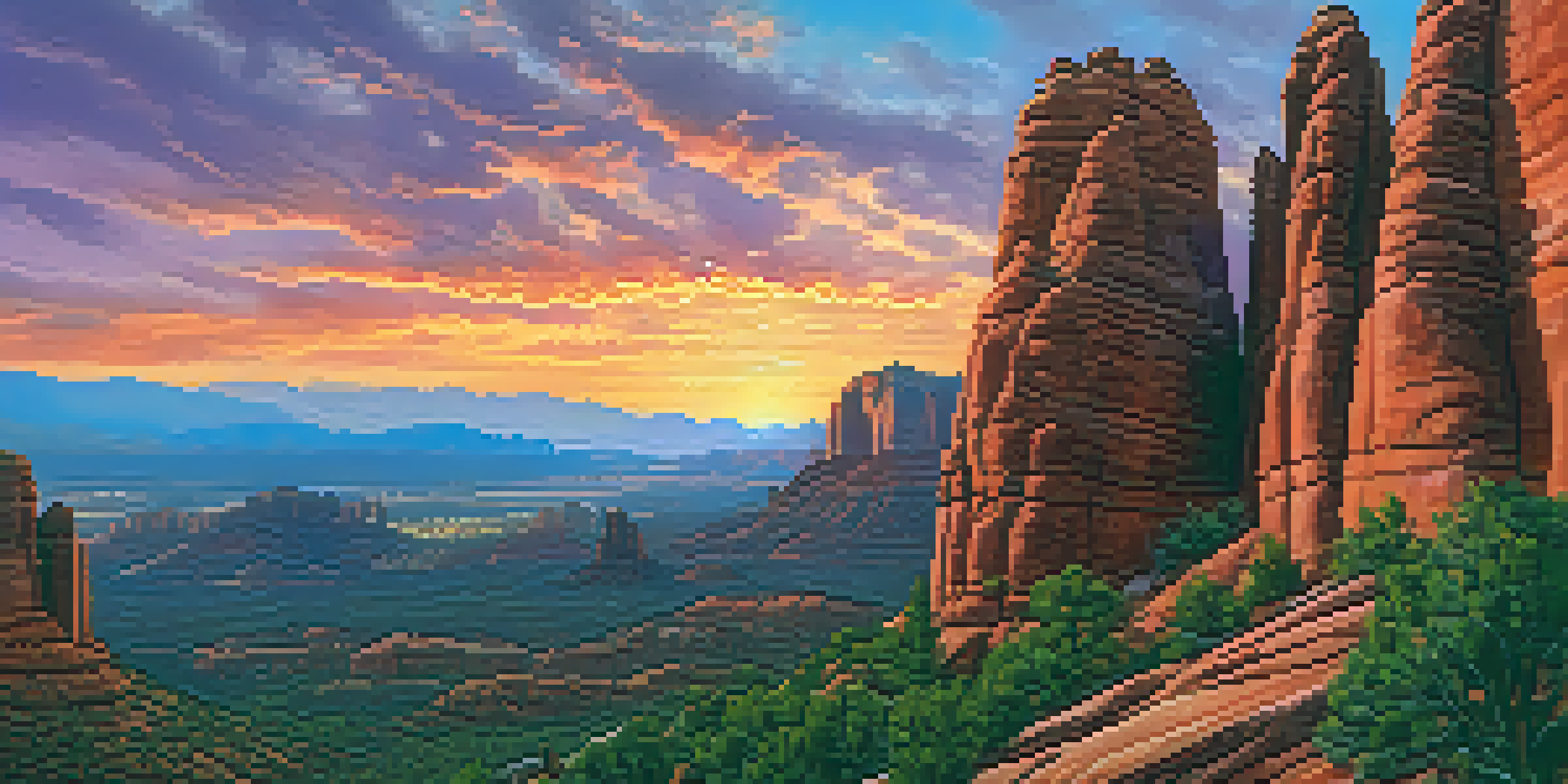 A sunset view from Cathedral Rock with orange, pink, and purple skies and silhouettes of climbers against red rock formations.