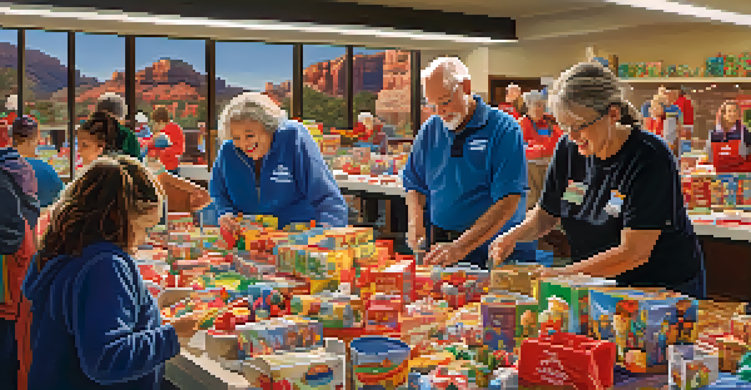 Volunteers in Sedona organizing toys and food for the holidays, surrounded by festive decorations and smiling faces.