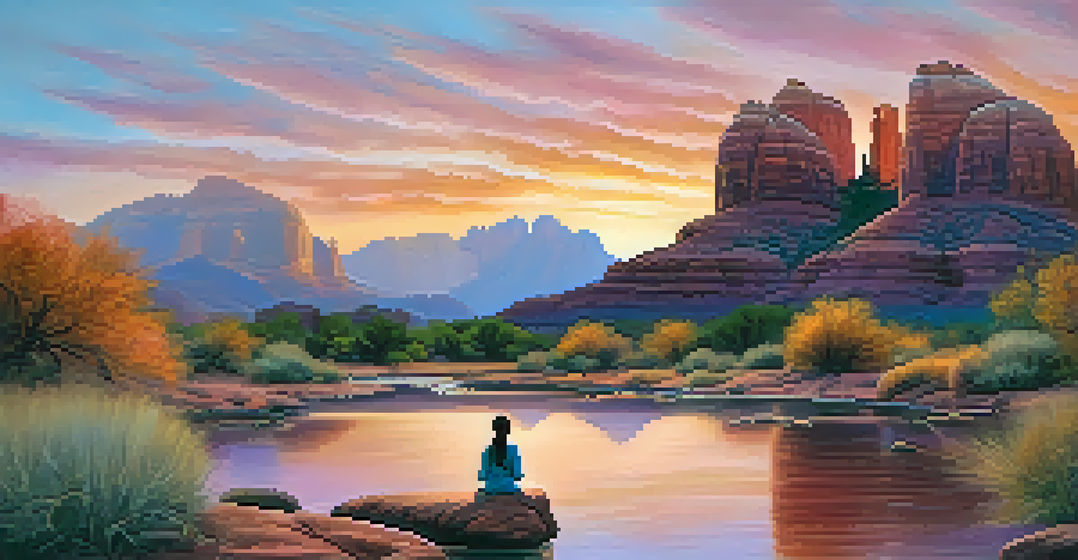 A figure meditating by a stream at sunset, with colorful skies and mountains in the background in Sedona.