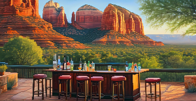 A sunset view over Sedona's red rocks, with an outdoor bar setting displaying colorful cocktails on a table.