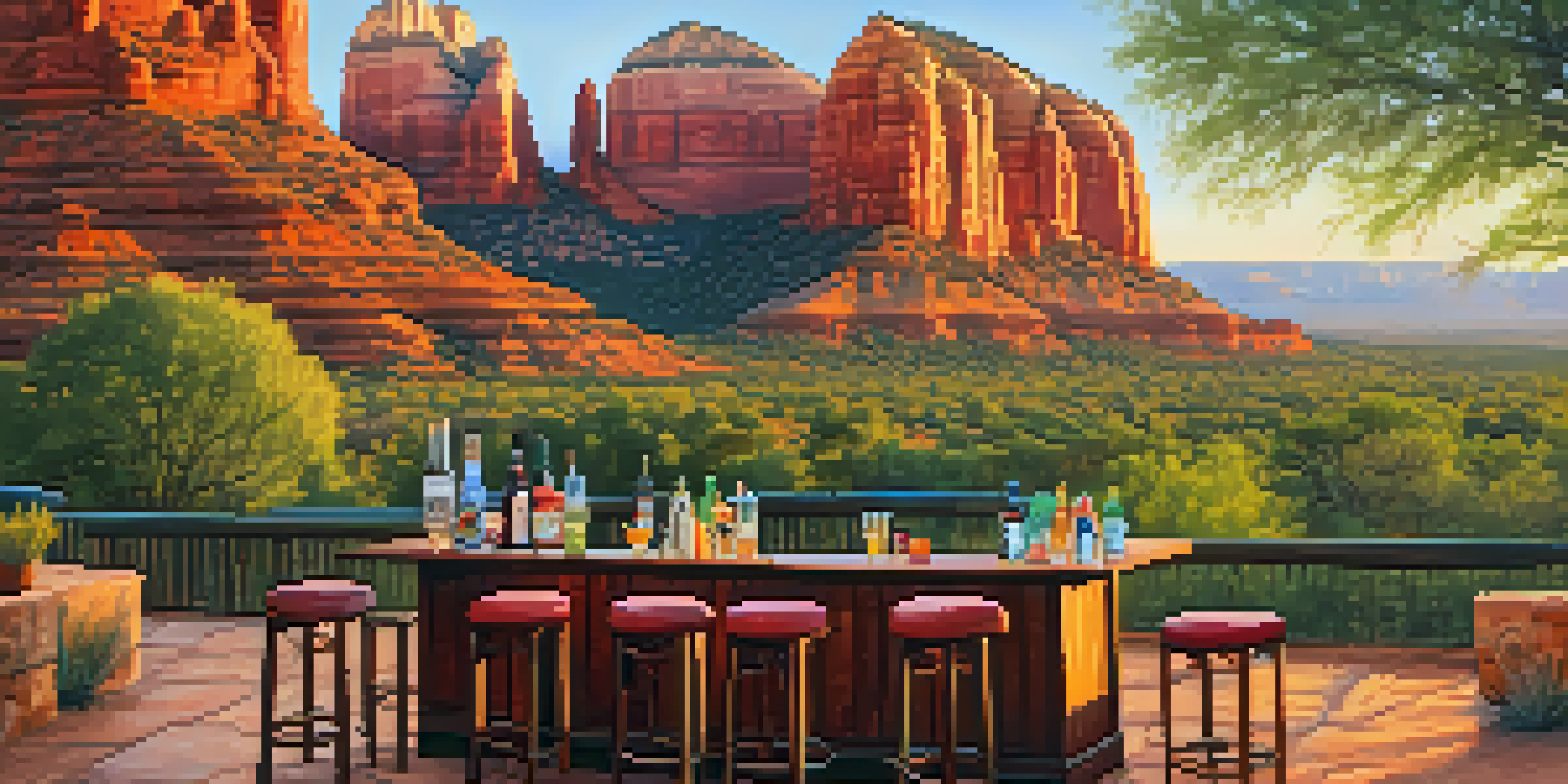A sunset view over Sedona's red rocks, with an outdoor bar setting displaying colorful cocktails on a table.