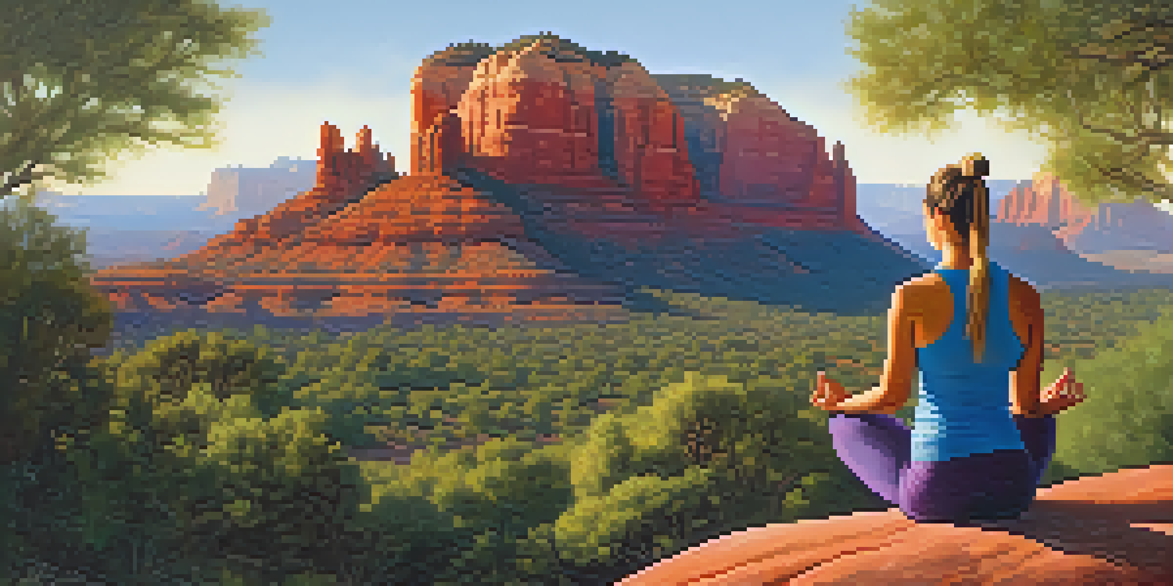 A peaceful yoga practitioner meditating on a rock with Sedona's red rock formations and a colorful sunset in the background.