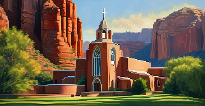 A tranquil scene showcasing St. John Vianney Catholic Church set against red rock formations, with warm sunlight and lush greenery.
