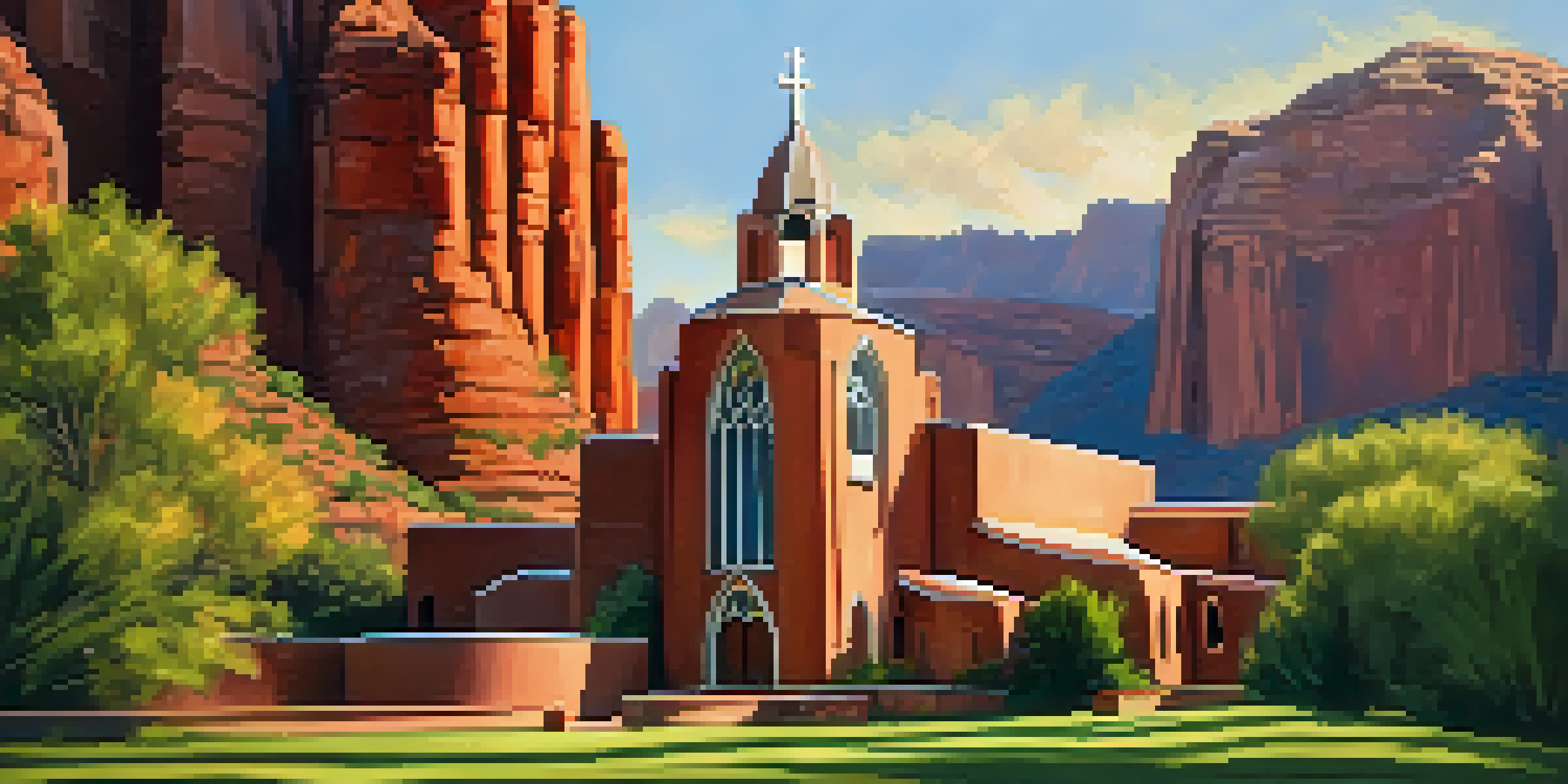 A tranquil scene showcasing St. John Vianney Catholic Church set against red rock formations, with warm sunlight and lush greenery.