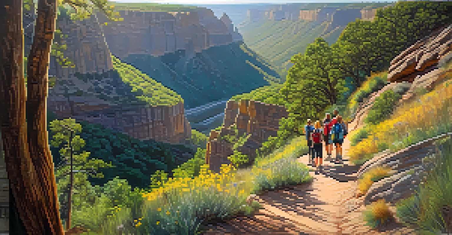 A picturesque scene of Little Horse Trail with hikers surrounded by lush greenery and red rock cliffs under a sunny sky.