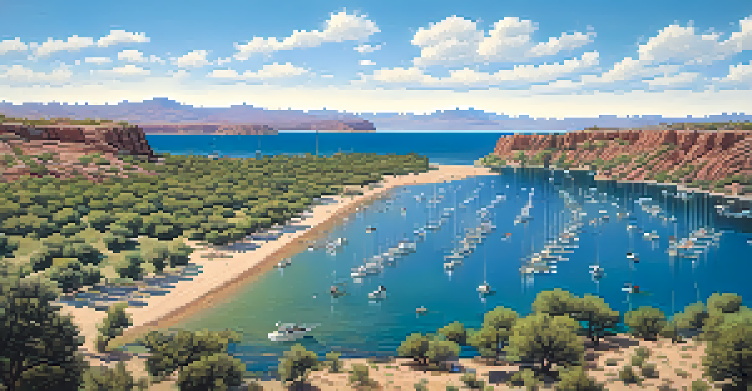 An aerial view of Lake Pleasant with fishing boats on the water, green trees along the shoreline, and a clear blue sky.