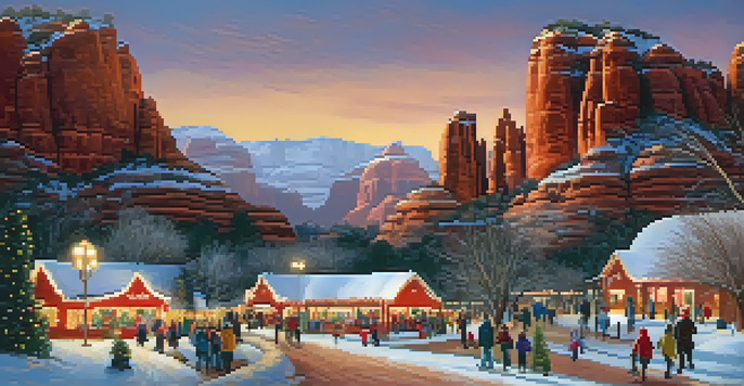 A winter scene featuring illuminated pathways and snow-covered red rocks at the Sedona Winter Wonderland Festival, with families enjoying the festive atmosphere.