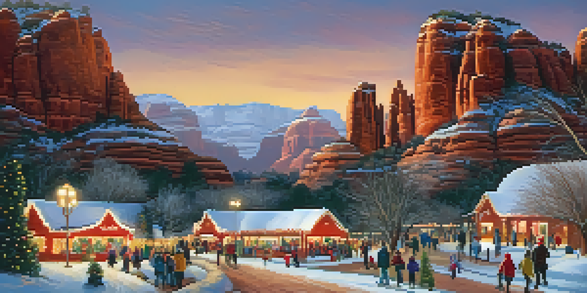 A winter scene featuring illuminated pathways and snow-covered red rocks at the Sedona Winter Wonderland Festival, with families enjoying the festive atmosphere.
