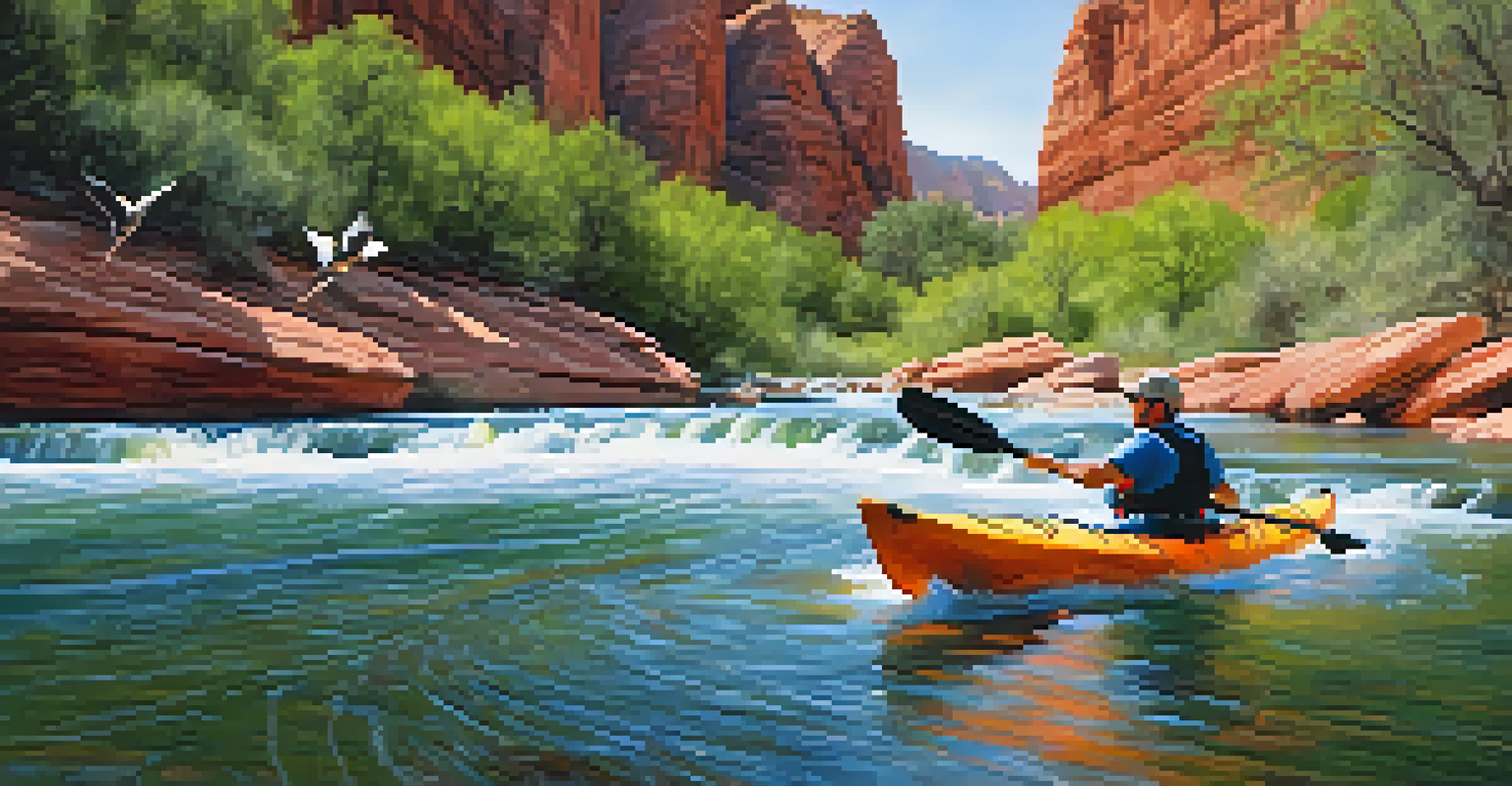 A kayaker navigating a bend in Oak Creek with red rock cliffs and greenery around.