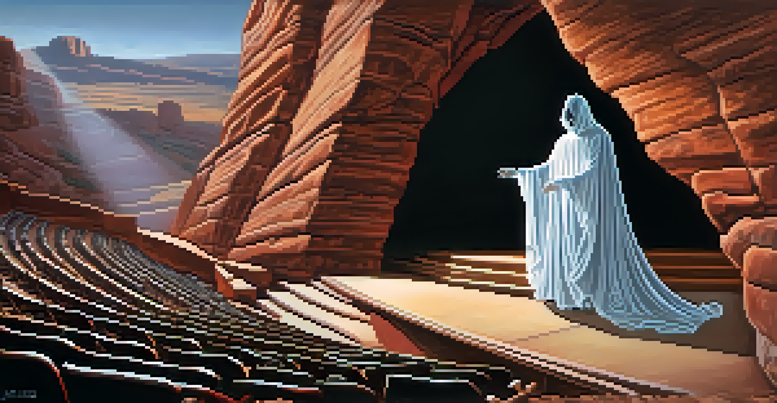 A ghostly musician on stage at Red Rocks, surrounded by musical notes and a mystical atmosphere.