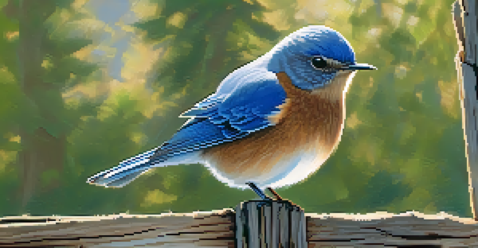 A Western Bluebird with vibrant blue feathers perched on a wooden fence post in a wooded area.