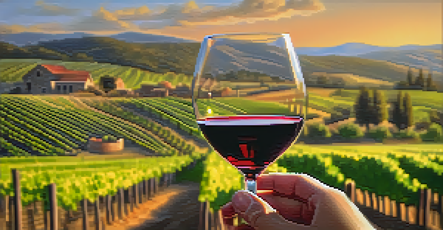 A hand holding a glass of red wine in front of barrels and vineyards during a tasting at Alcantara Vineyards.