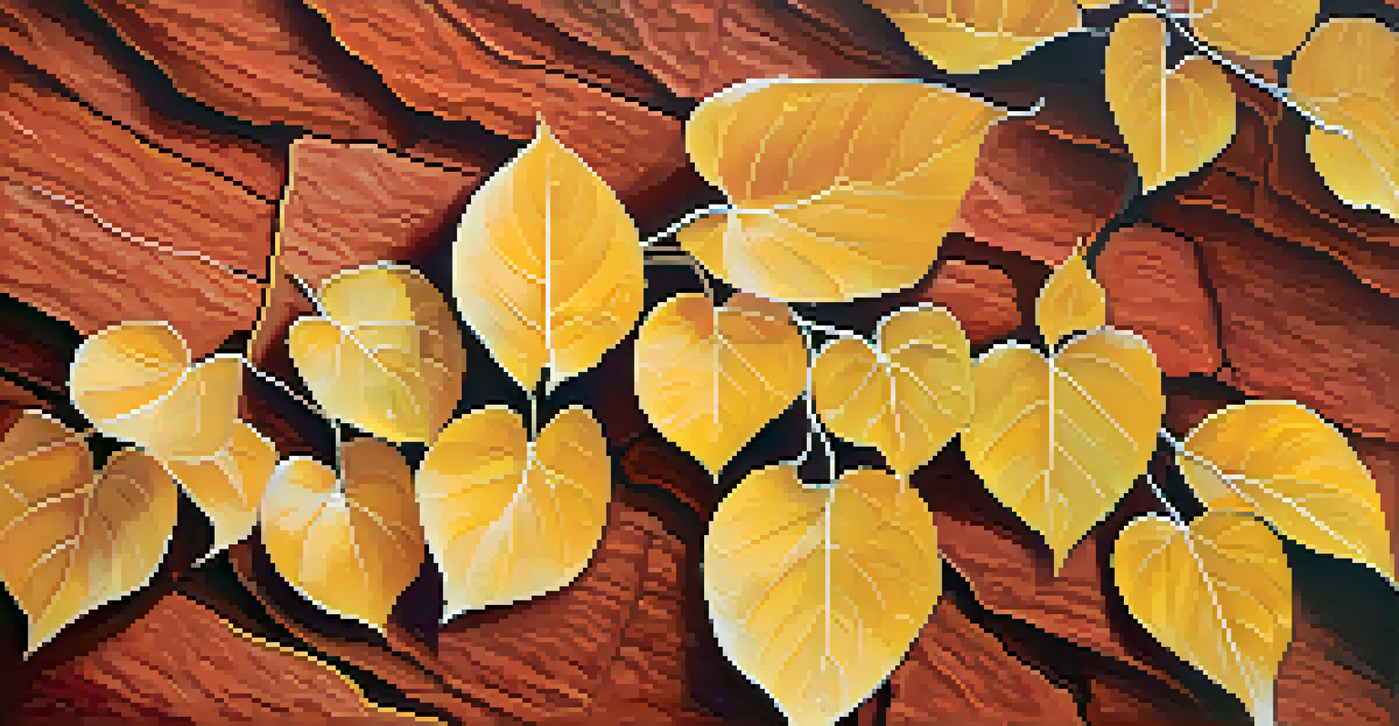 Close-up of aspen leaves in fall, shining in sunlight with red rock cliffs in the background.