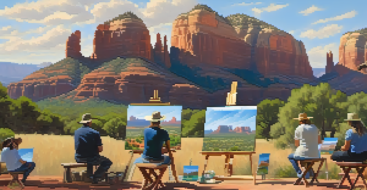 Artists painting in the Plein Air Festival, surrounded by the scenic beauty of Sedona's red rock landscape under a clear blue sky.