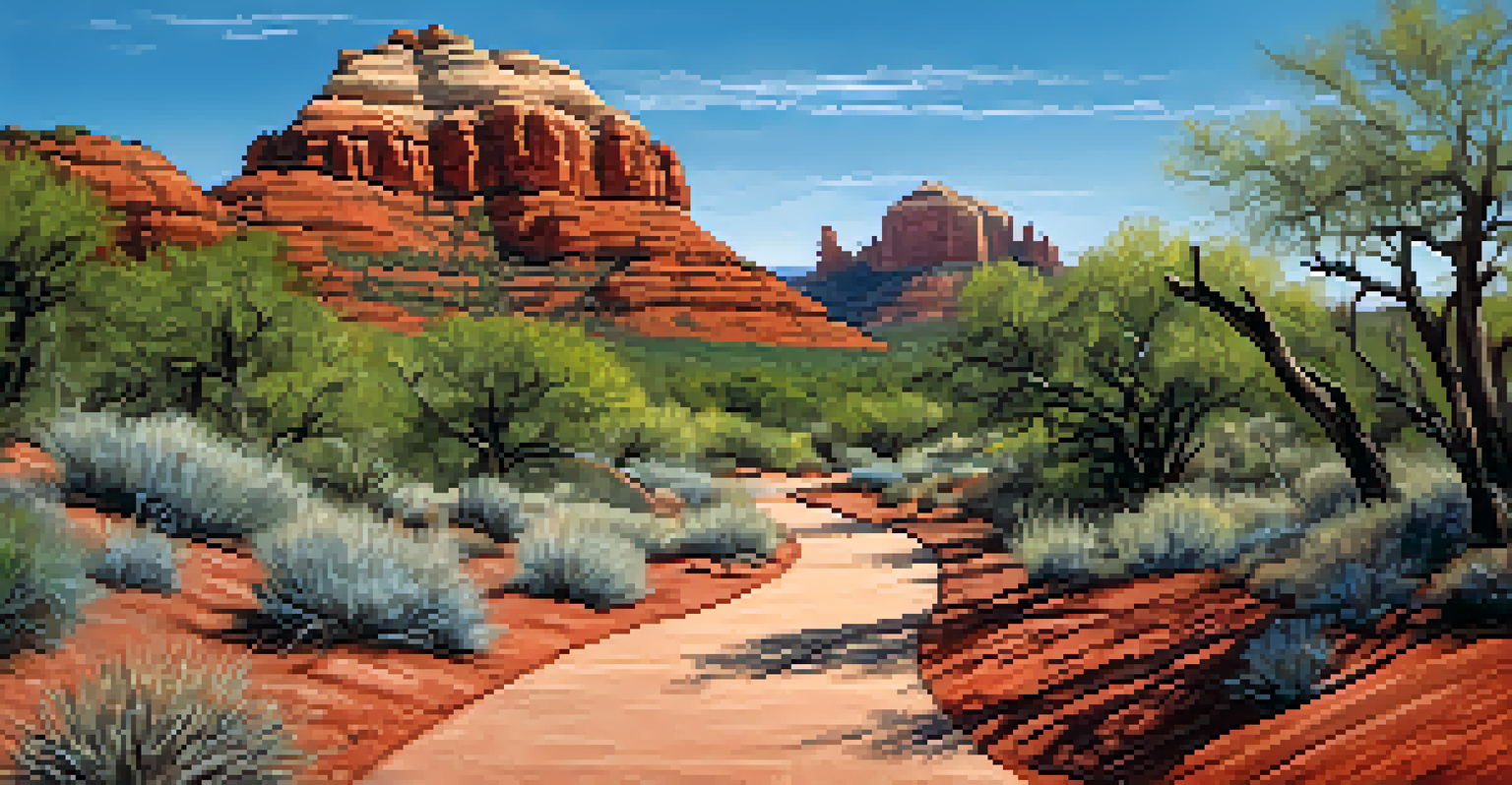 A close-up image of the Bell Rock Pathway in Sedona, showcasing red rocks and desert plants with hikers in the background.
