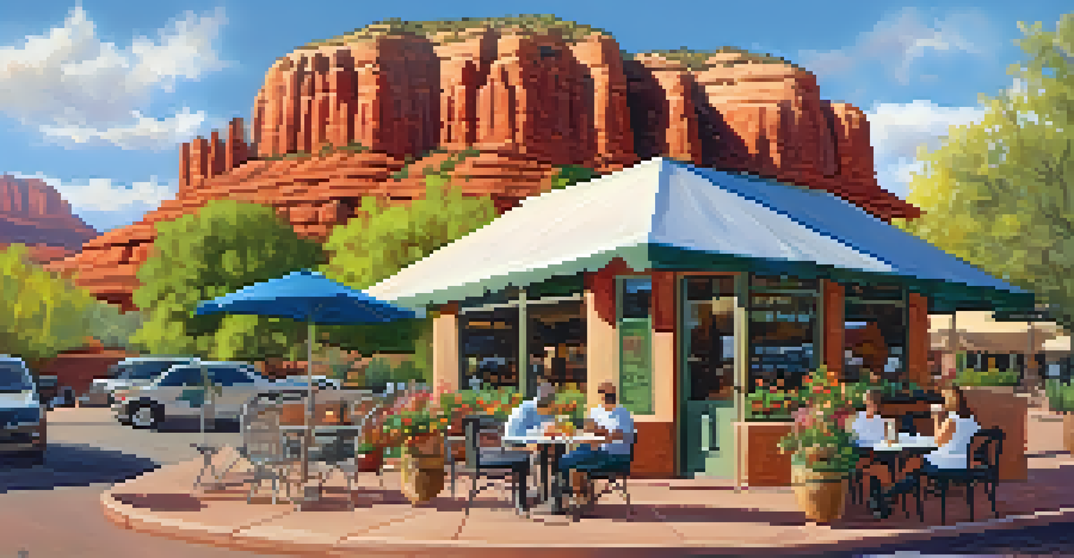 A lively pet-friendly café in Sedona with outdoor seating, flowers, and a couple dining with their dog resting at their feet.