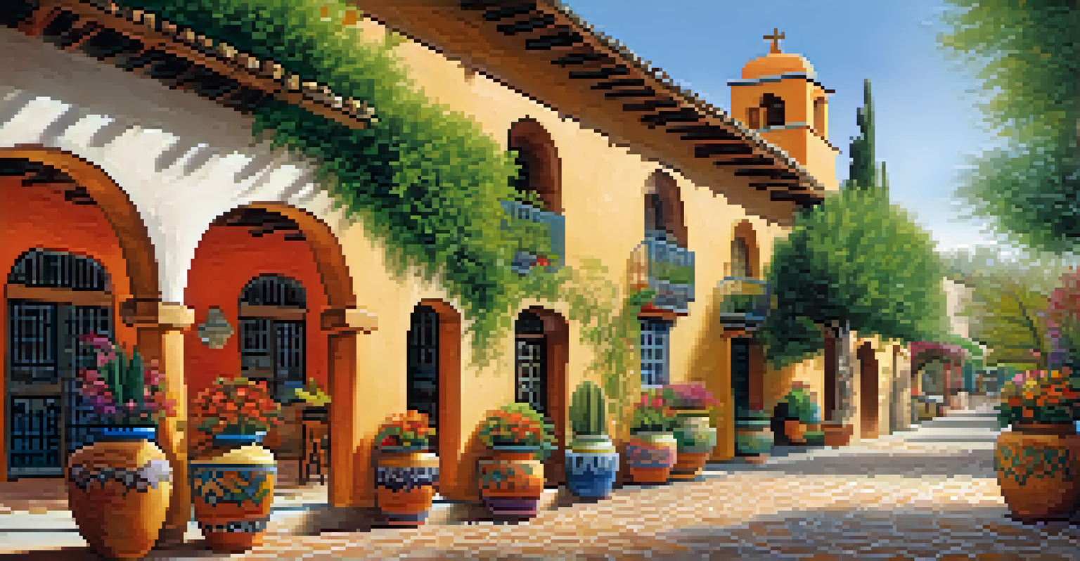 A picturesque view of Tlaquepaque Arts and Crafts Village, featuring cobblestone paths and traditional Mexican-style buildings adorned with art and flowers.