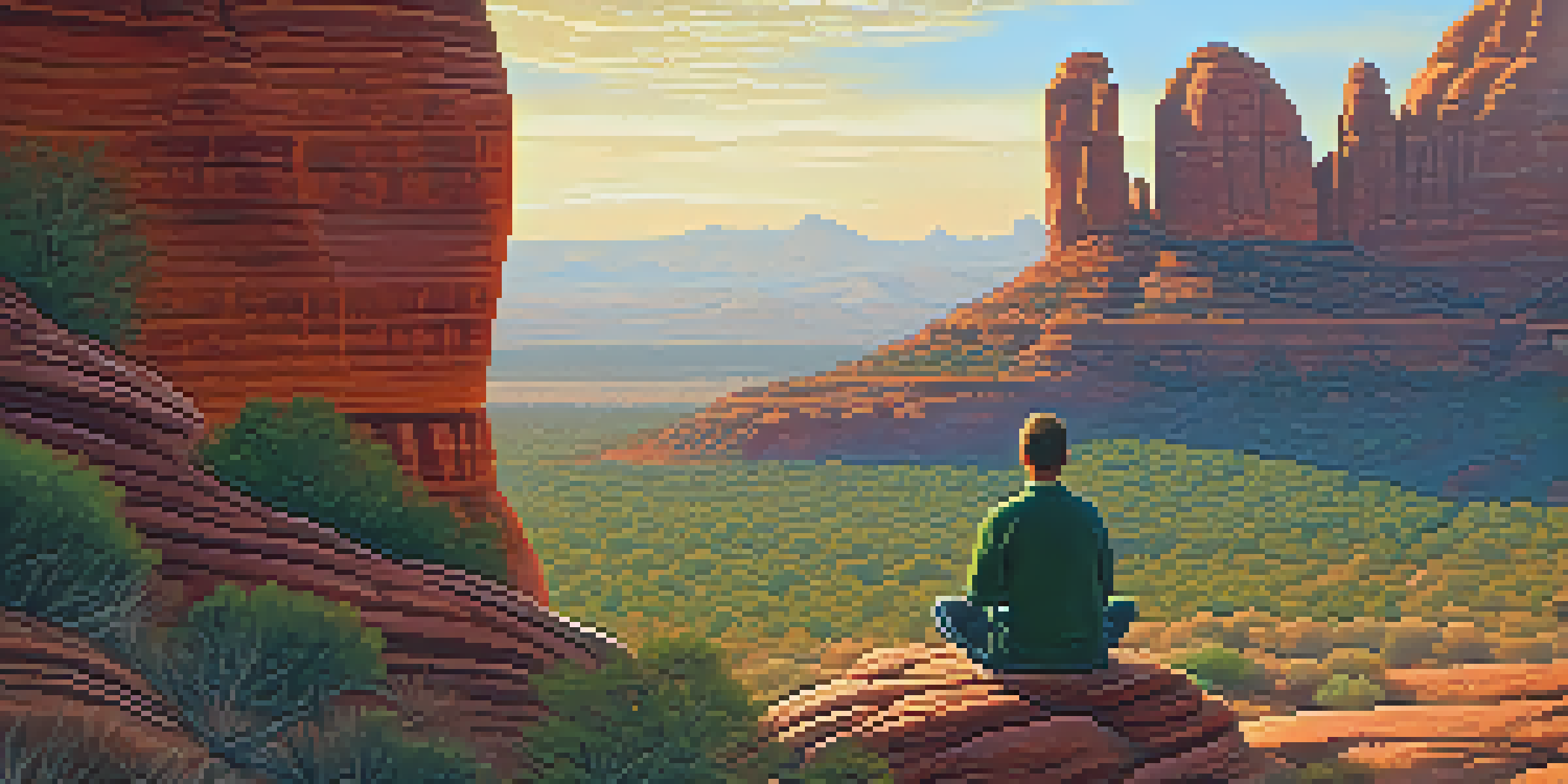 A peaceful scene of Sedona's red rocks at sunrise, with a figure meditating on a rock amidst beautiful colors in the sky.