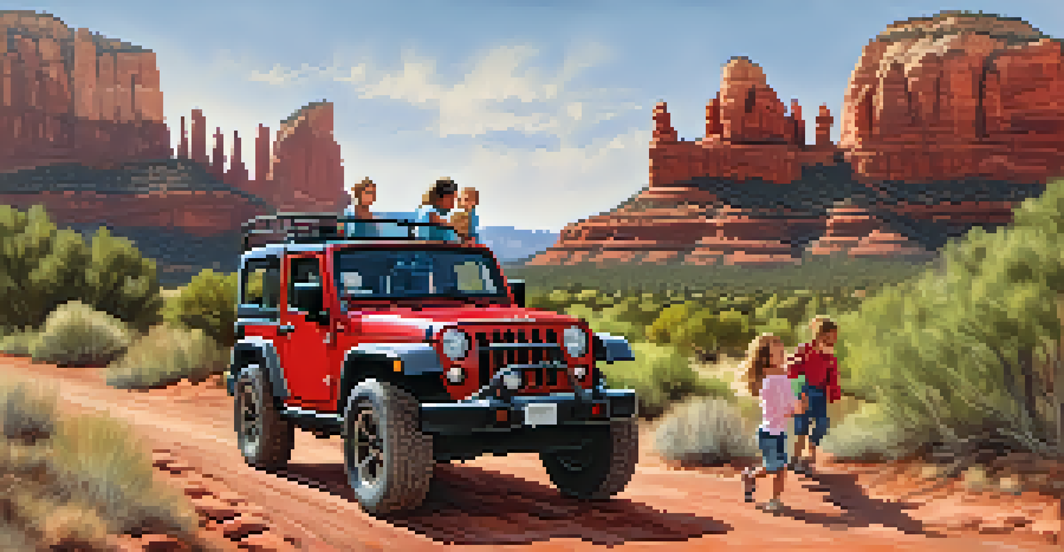 A family having fun on a Jeep tour, surrounded by stunning red rock landscapes in Sedona.