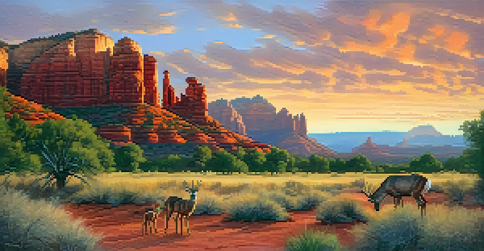 A sunset view of Sedona's red rocks with deer grazing in the foreground.