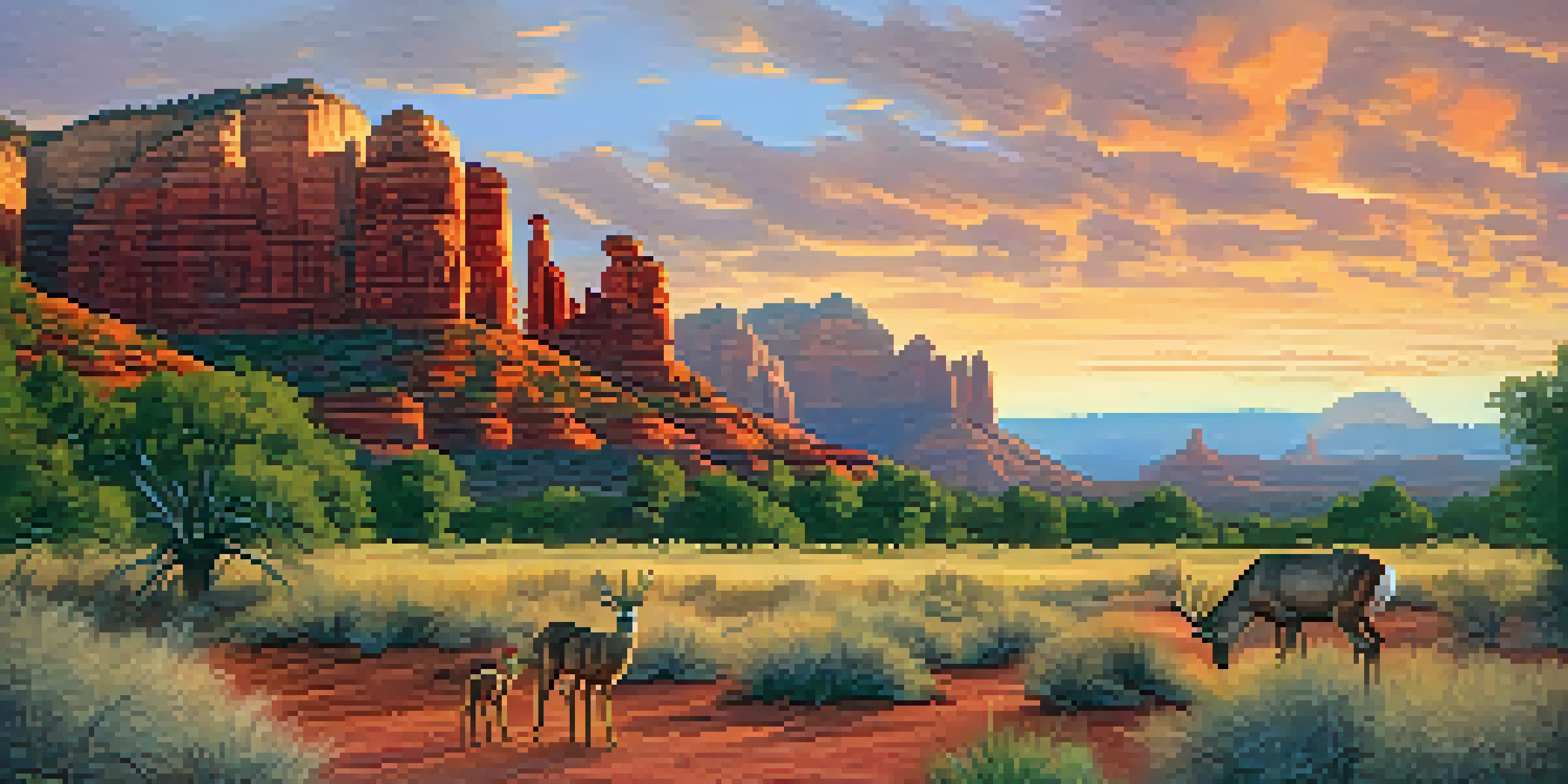 A sunset view of Sedona's red rocks with deer grazing in the foreground.