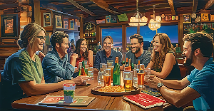 A lively group of friends participating in a trivia night at a Sedona bar, with drinks and snacks on the table and a person raising their hand to answer a question.
