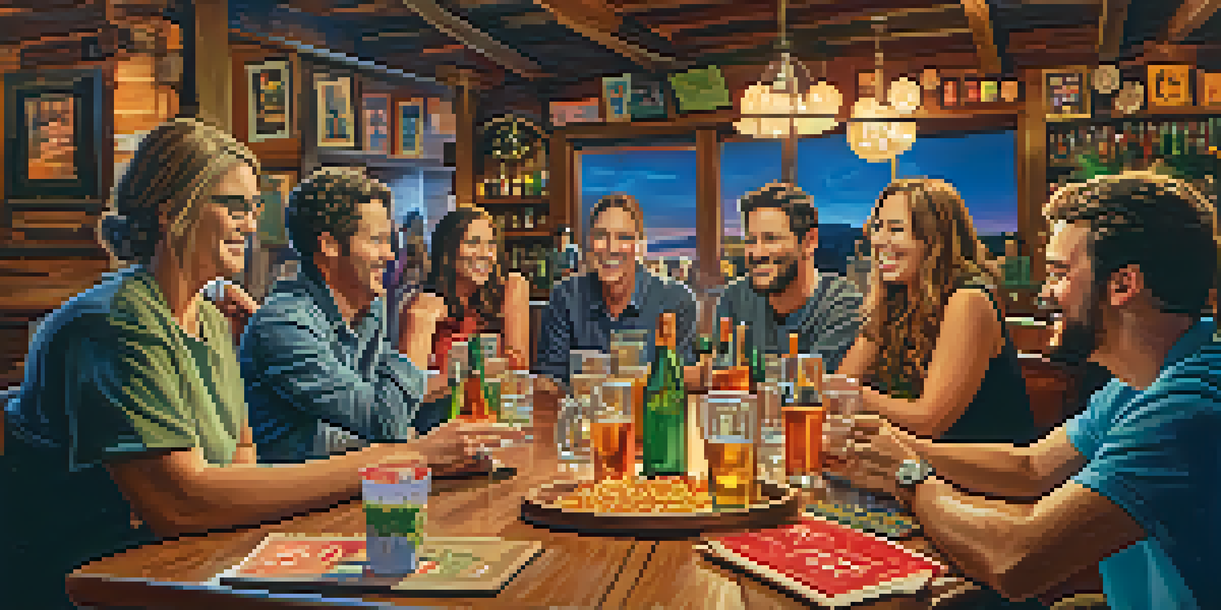 A lively group of friends participating in a trivia night at a Sedona bar, with drinks and snacks on the table and a person raising their hand to answer a question.