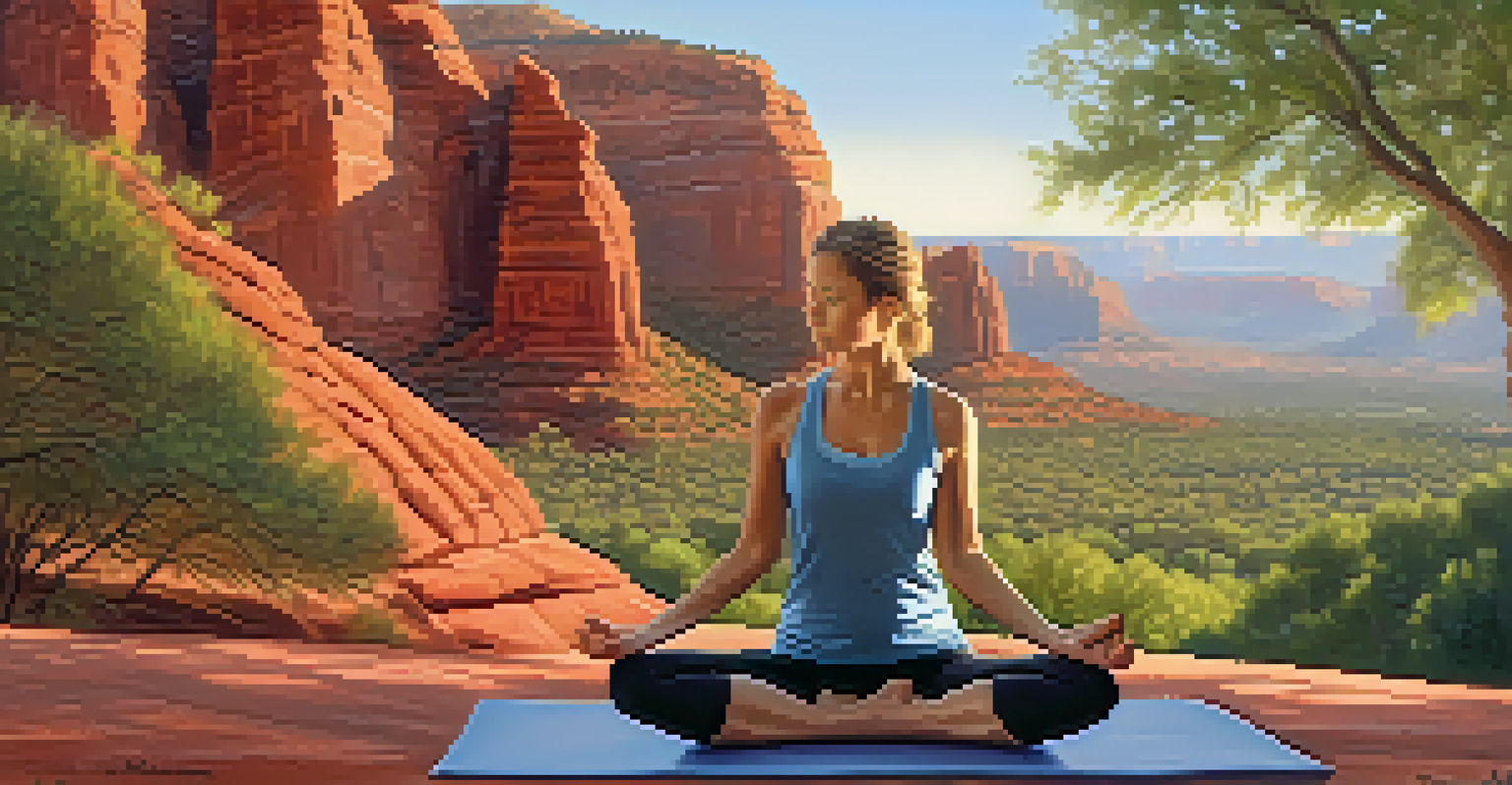 An individual practicing Yin yoga outdoors in Sedona, surrounded by red rocks and greenery, with soft sunlight enhancing the serene environment.