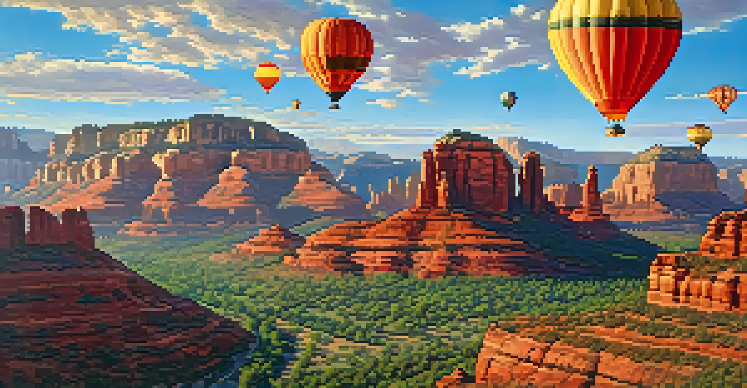 An aerial view of hot air balloons over Sedona's red rock landscape, showcasing the vibrant colors and natural beauty of the area.