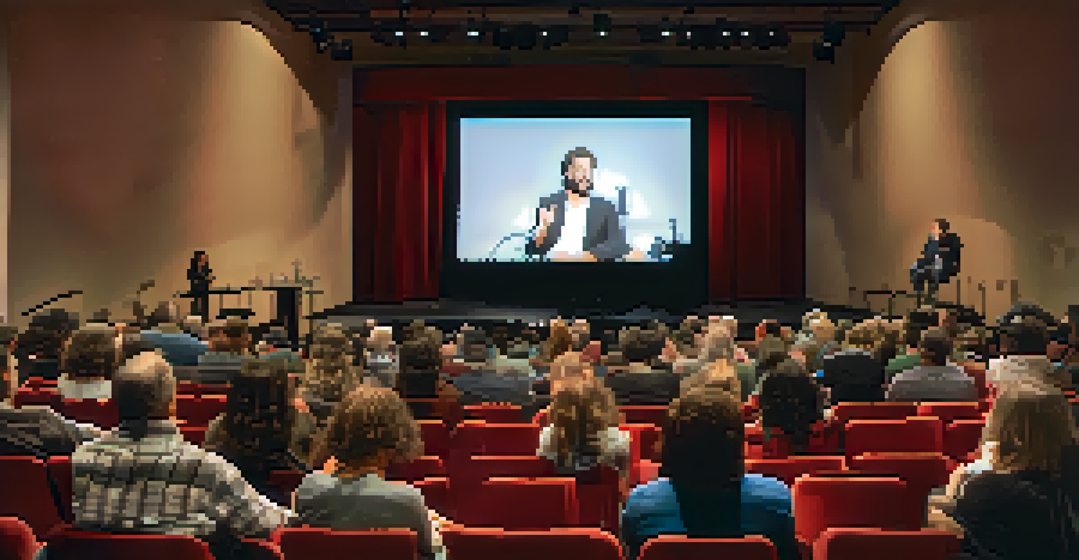 A Q&A session with emerging filmmakers on stage, while the audience is engaged and raising hands to ask questions.
