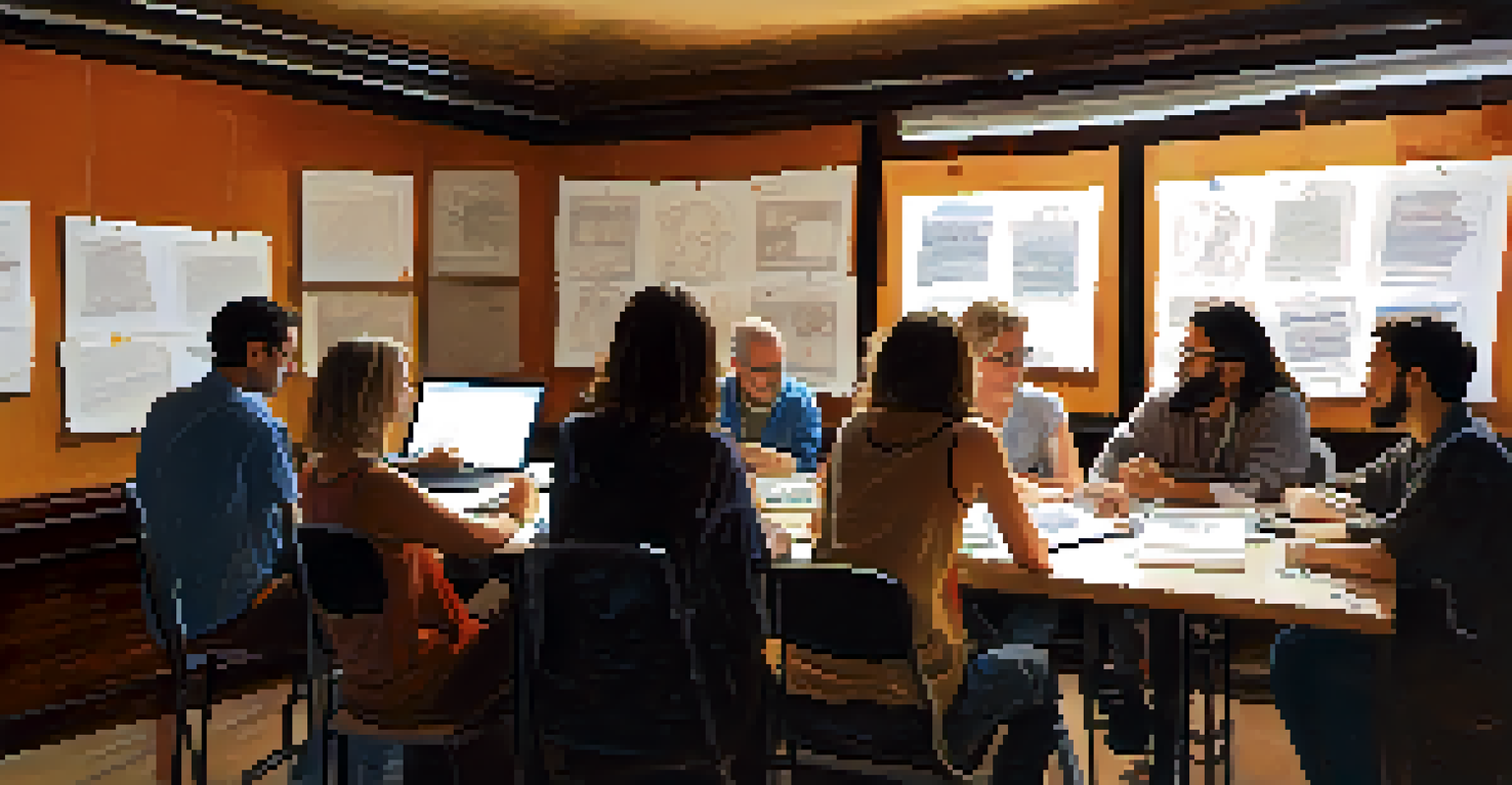 A workshop at Sedona's Film Festival with aspiring filmmakers learning screenwriting techniques from an instructor, surrounded by notes and storyboards in a well-lit room.