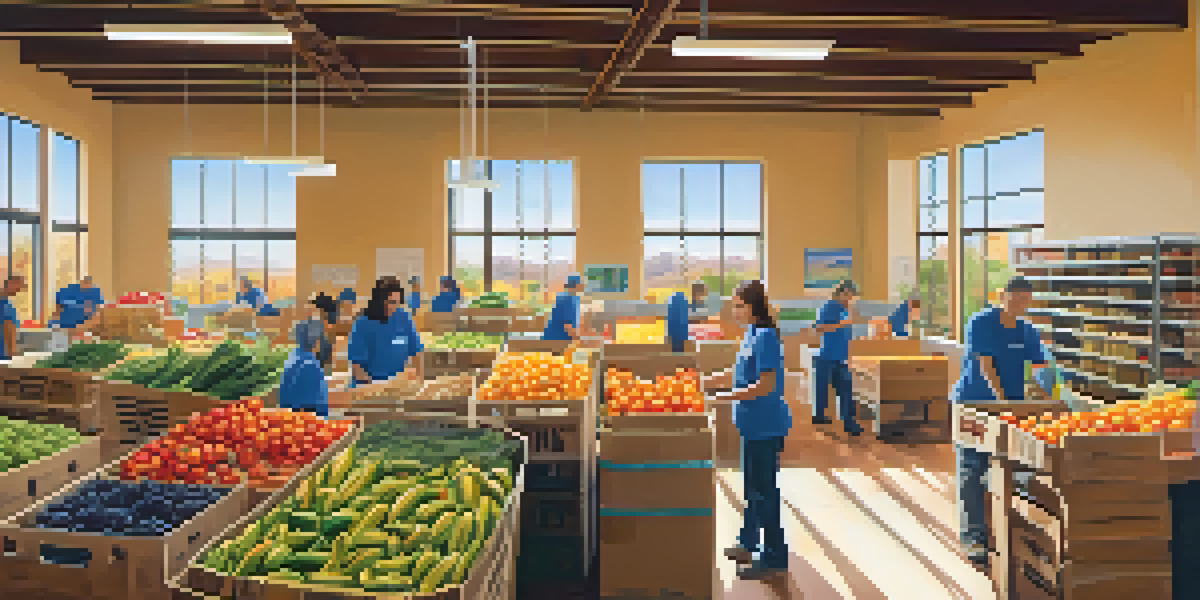 A group of diverse volunteers sorting and packing food at the Sedona Community Food Bank, with sunlight streaming in and colorful food boxes around them.