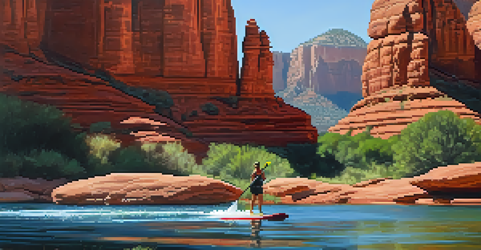 A paddleboarder taking a dip in a lake, with red rock formations in the background and a sunny atmosphere.