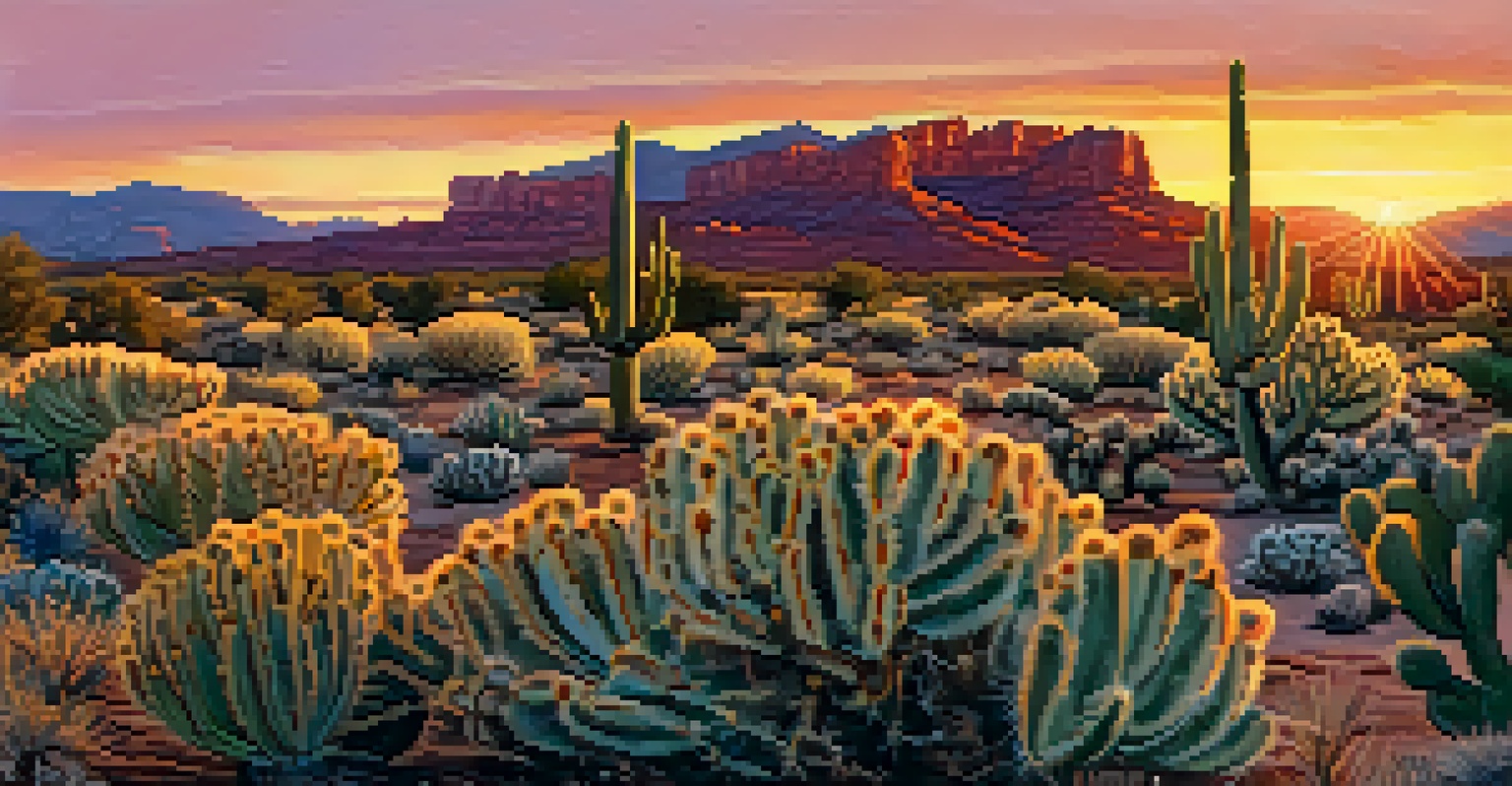 A field of cholla cacti glowing in the sunset light, with red rock formations in the background.