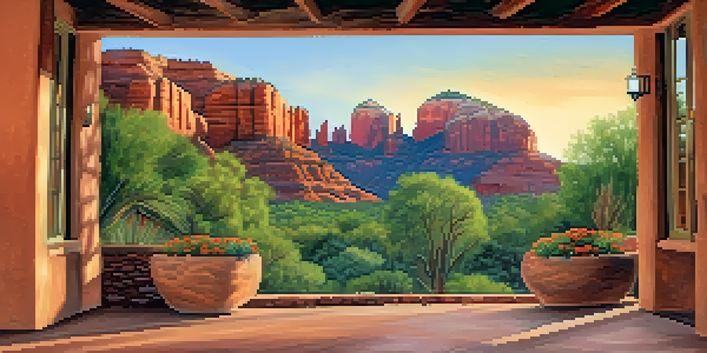 A scenic view of El Portal hotel with adobe-style architecture and red rocks in the background during sunset.