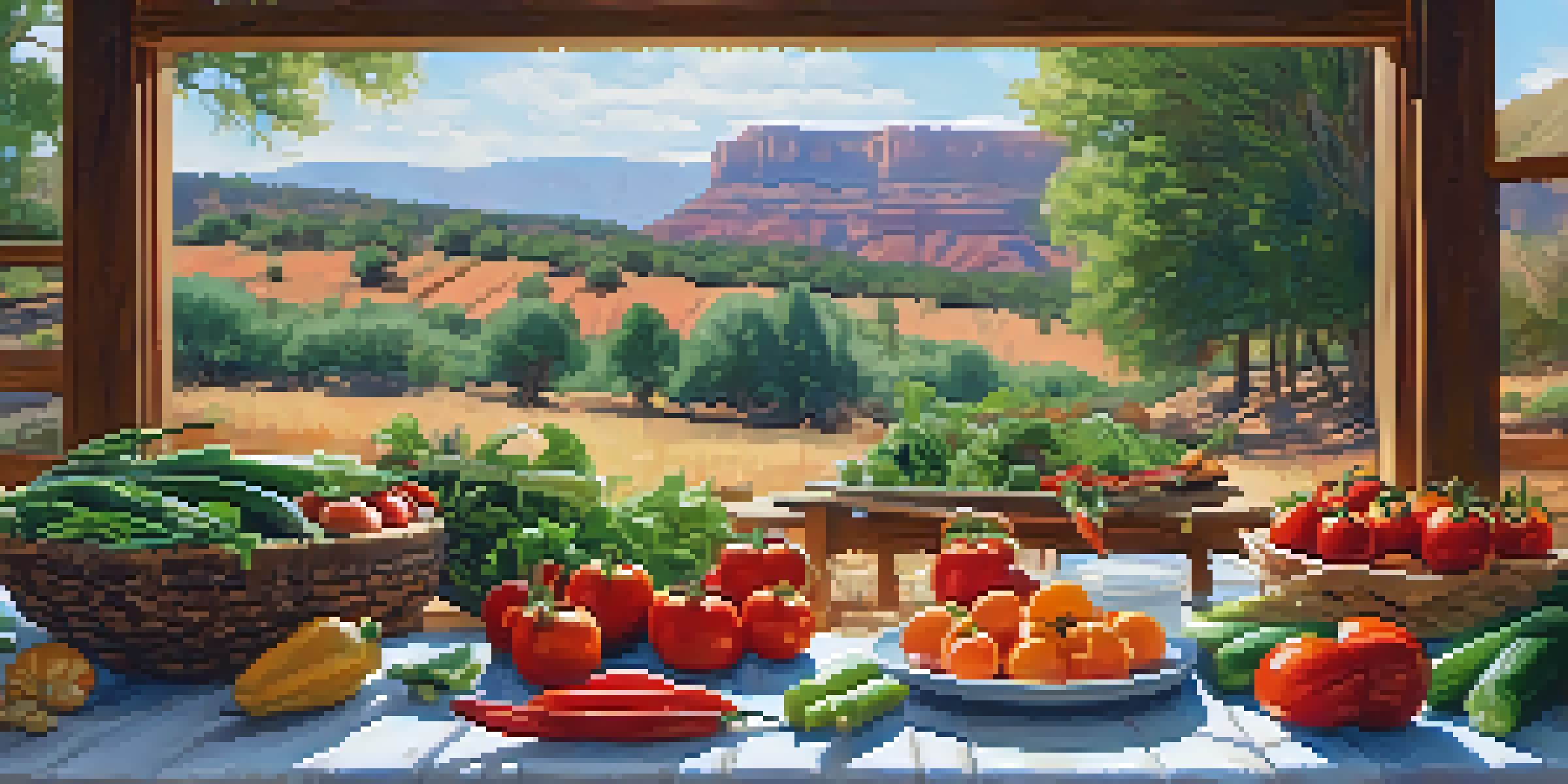 A rustic table with fresh seasonal vegetables and a blurred farm background in Sedona.